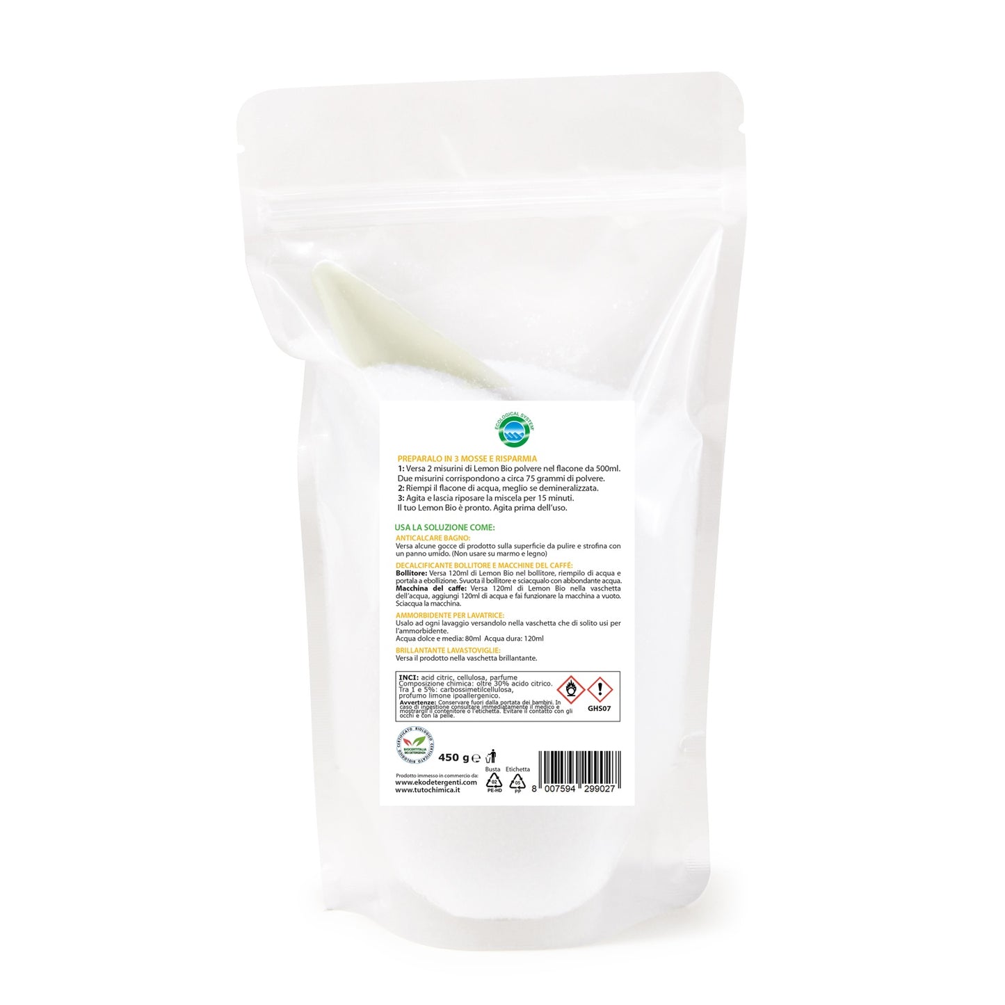 Lemon bio ricarica 450g ammorbidente, brillantante, decalcificante, anticalcare.