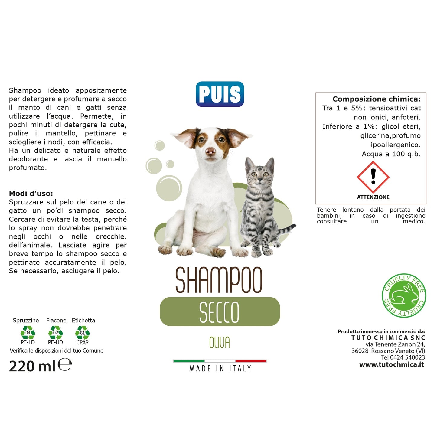 Puis Shampoo Secco per Cani e Gatti 220ml, Profumo Oliva Ipoallergenico