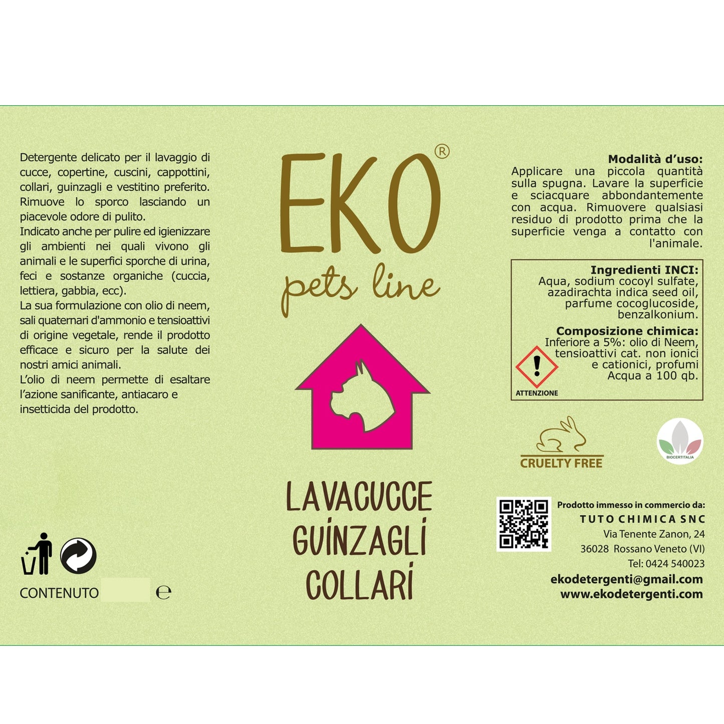 Eko detergente lava cucce, guinzagli, collari con olio di neem