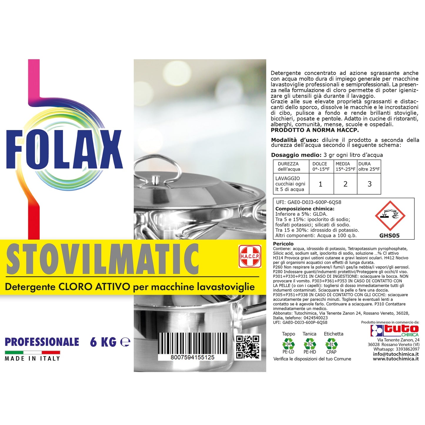 Folax stovilmatic detergente professionale lavastoviglie pentolame cloro attivo