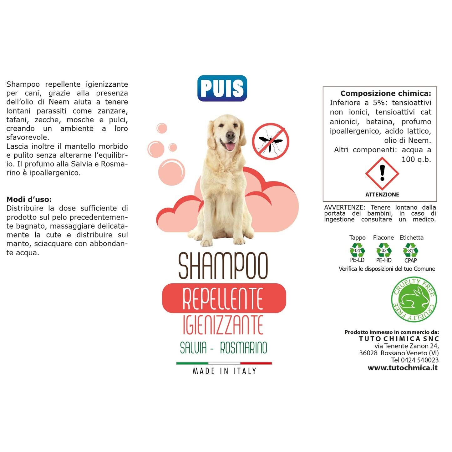 Puis Shampoo Cani Repellente Igienizzante, Salvia e Rosmarino Ipoallergenico - 220ml