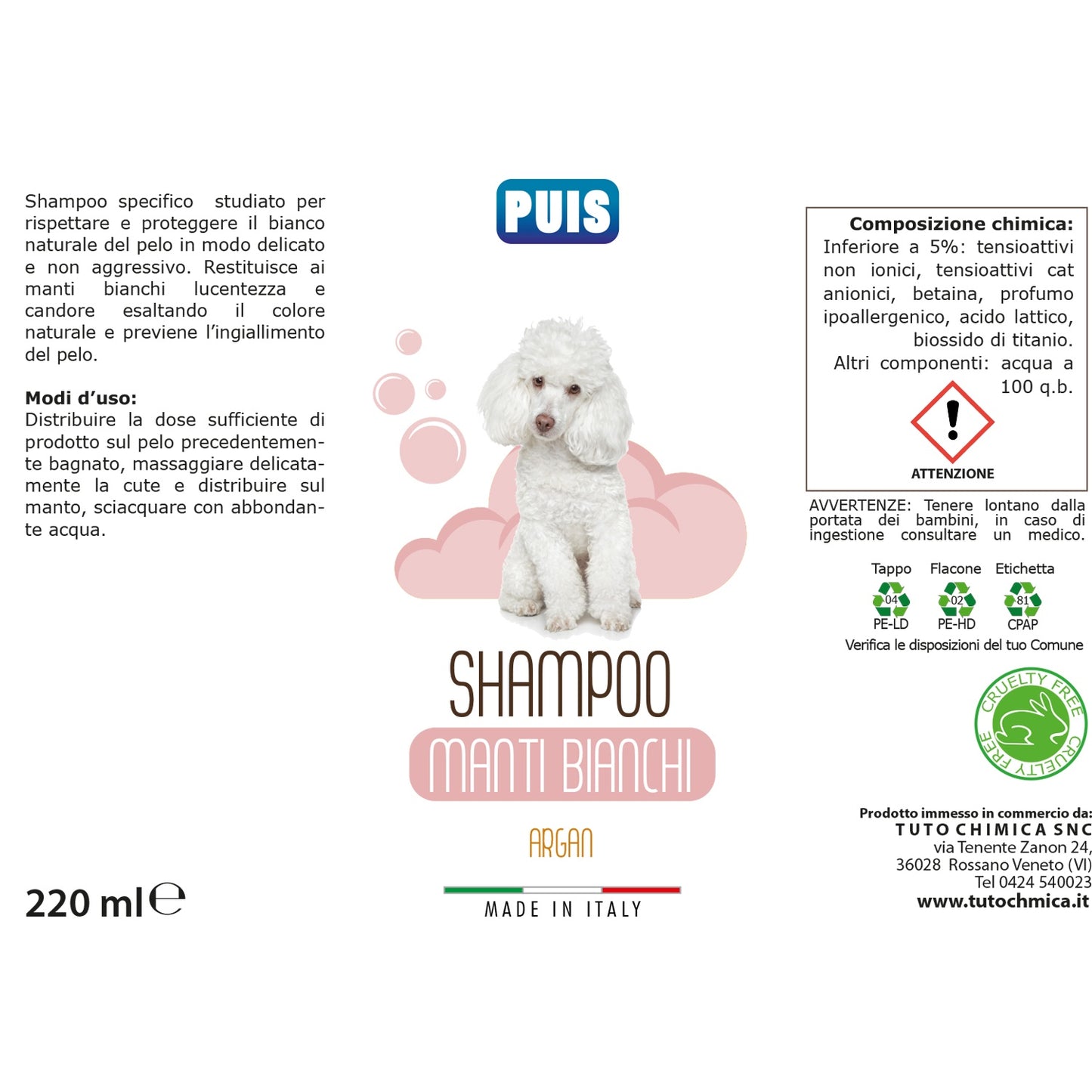 Puis Shampoo Cani Pelo Bianco Argan Ipoallergenico - 220ml