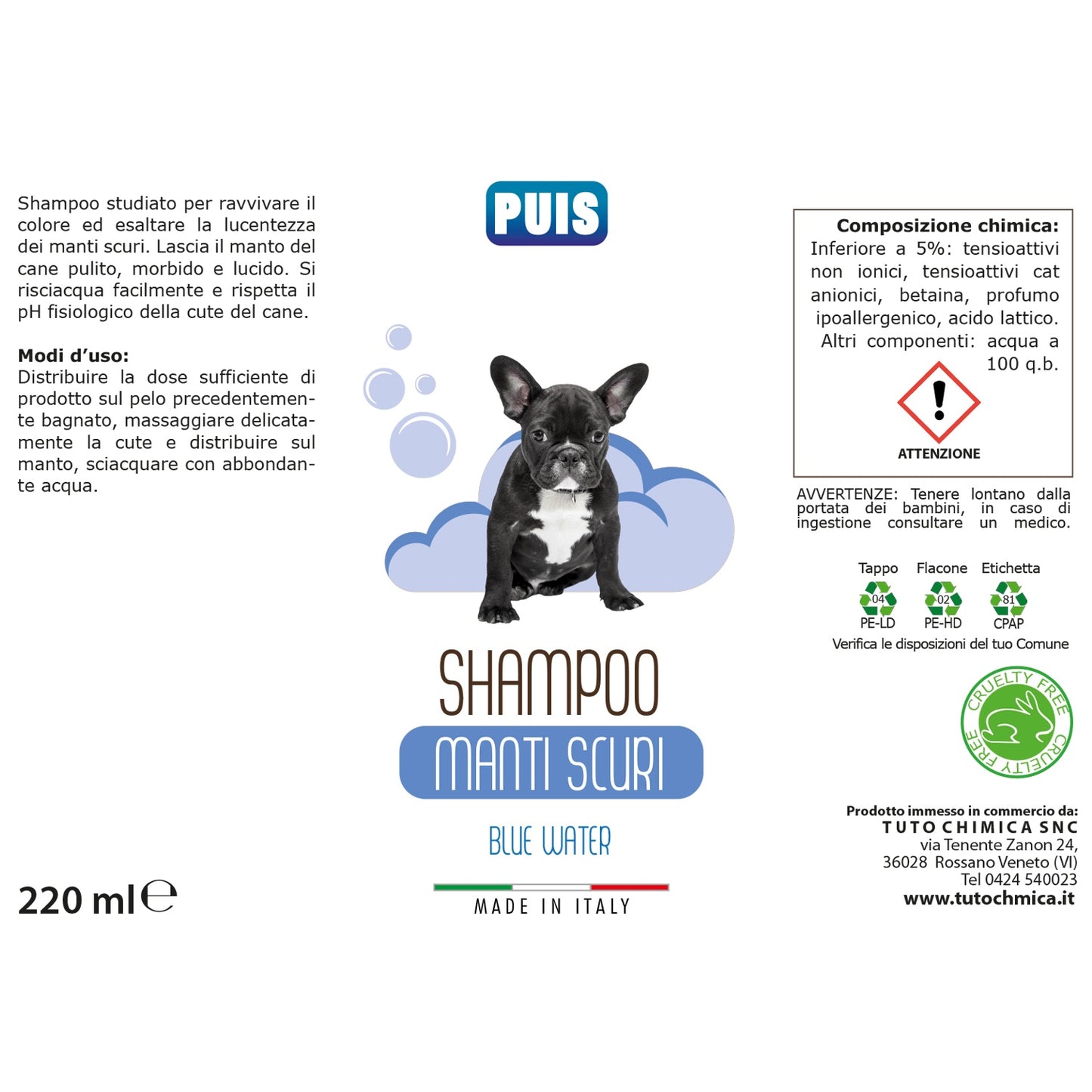 Puis Shampoo Cani Pelo Nero Blue Water - 220ml