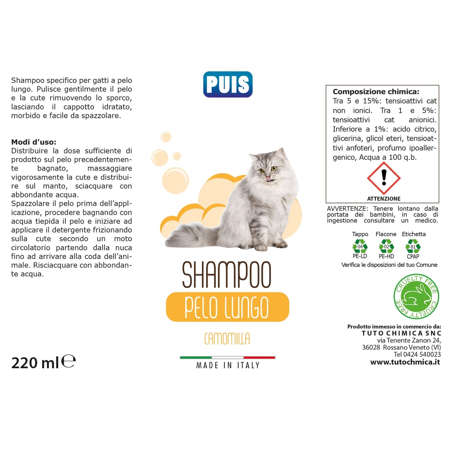 Puis Shampoo Gatto Pelo Lungo Camomilla - 220ml