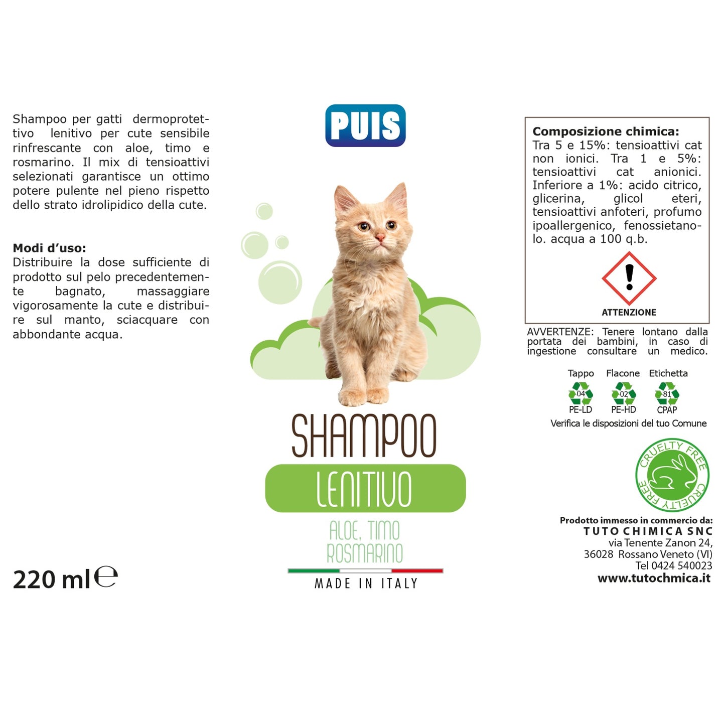 Puis Shampoo Gatto Lenitivo, Aloe Timo e Rosmarino - 220ml