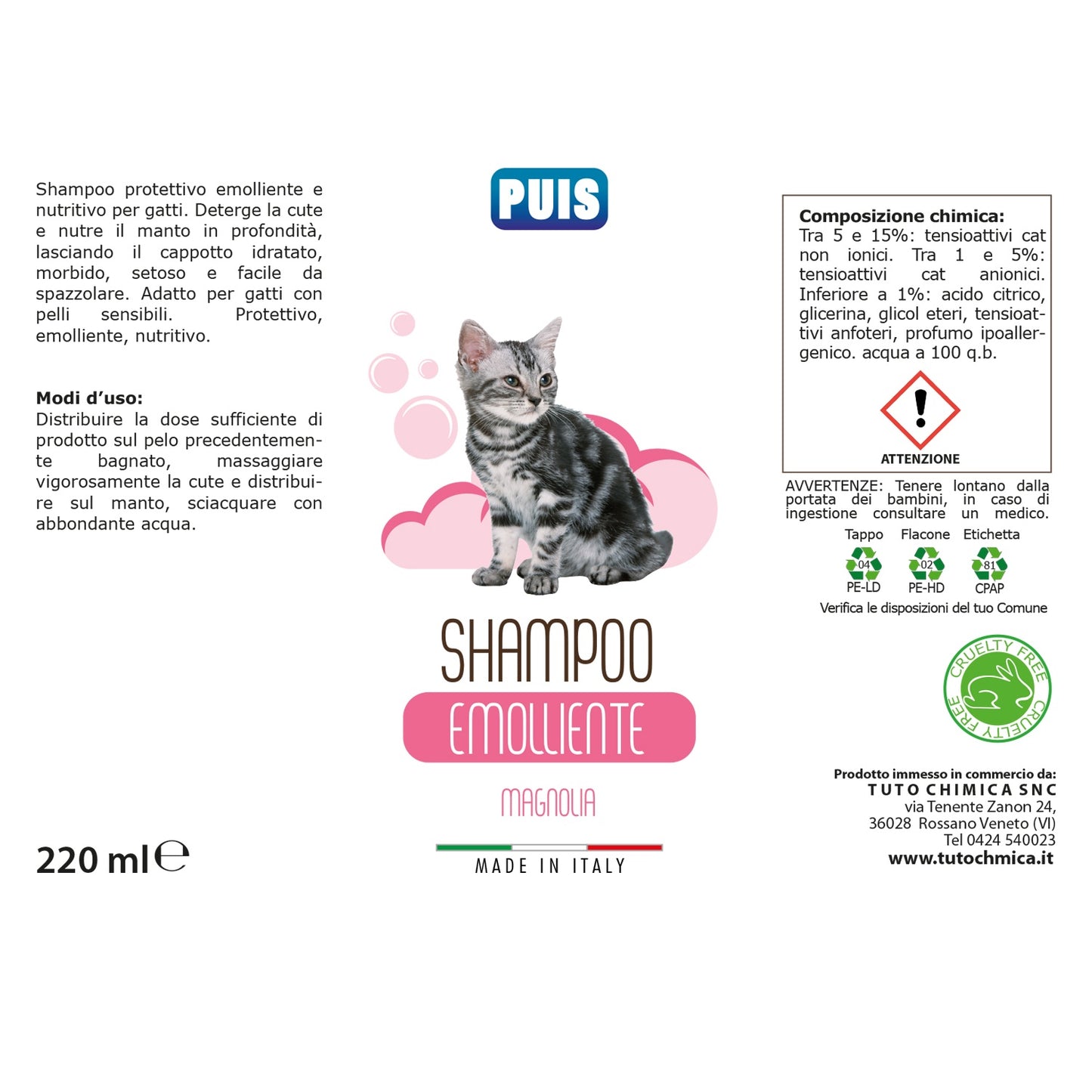 Puis Shampoo Gatto Emolliente, Magnolia - 220ml