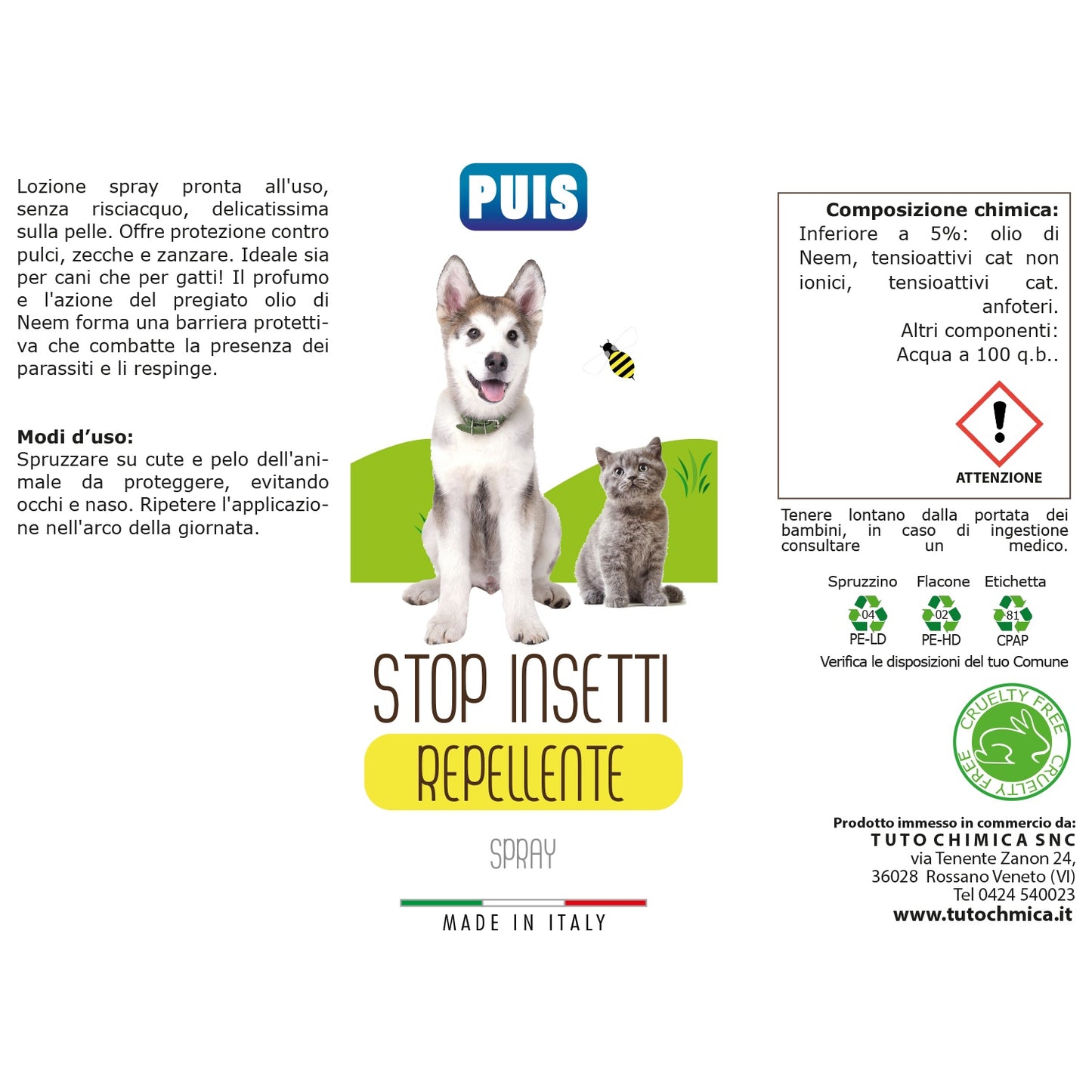 Puis Spray Stop Insetti, Pulci, Zecche Zanzare per Animali Domestici 120ml