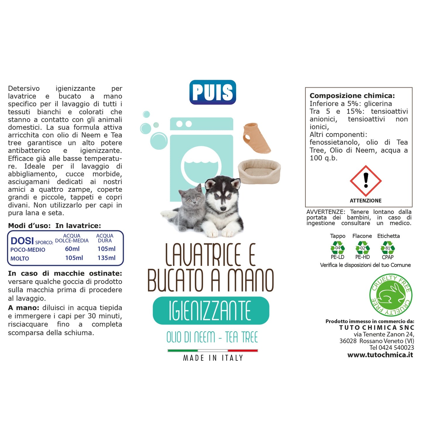 Puis Detersivo lavatrice e a mano indumenti animali Neem e Tea tree