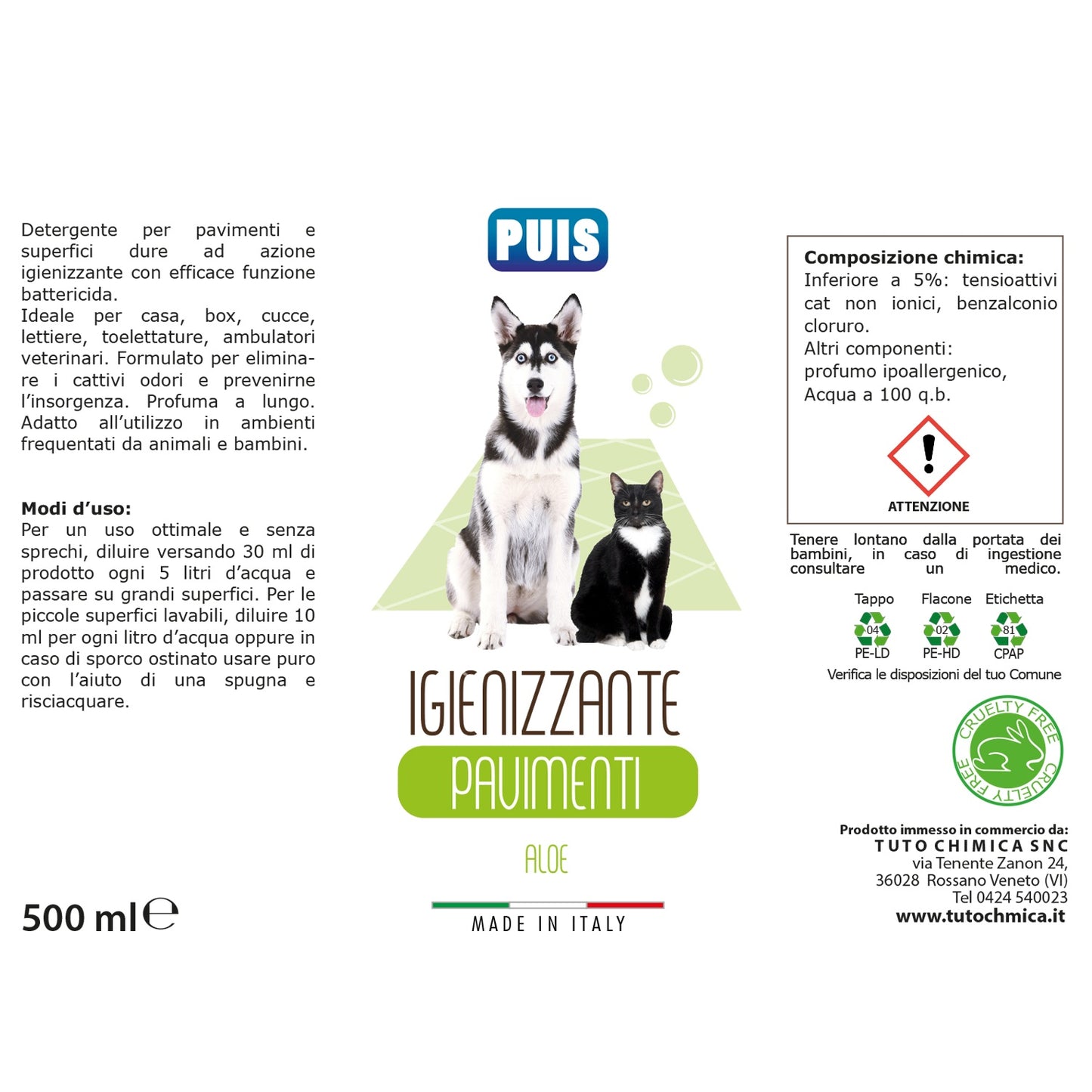 Puis Detergente Igienizzante Pavimenti 500ml - Per Animali Domestici, Elimina i Cattivi Odori - Profumo Aloe