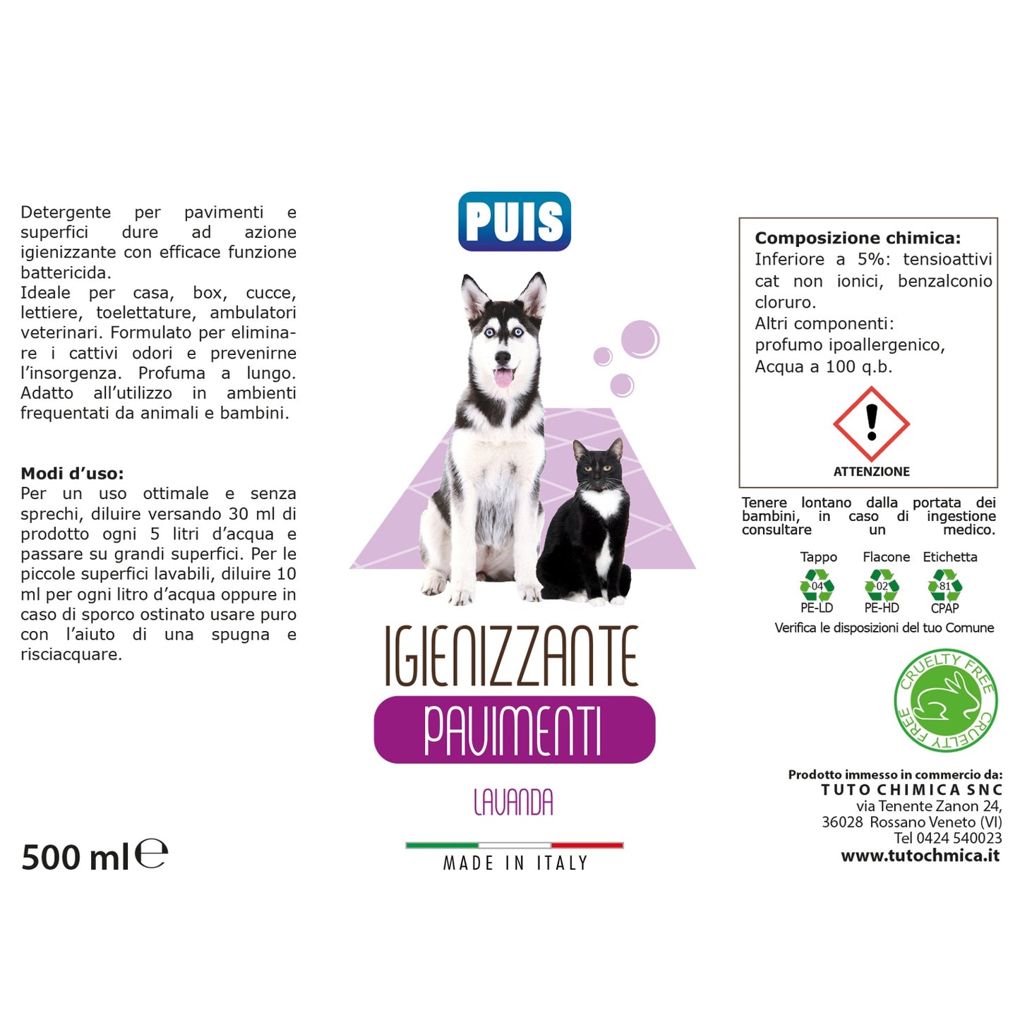 Puis Detergente Igienizzante Pavimenti 500ml - Per Animali Domestici, Elimina i Cattivi Odori - Profumo Lavanda
