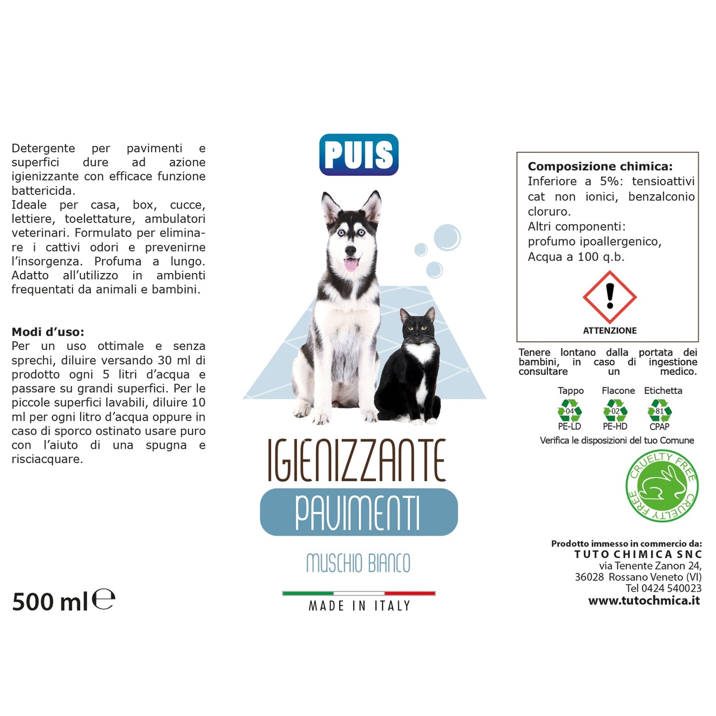 Puis Detergente Igienizzante Pavimenti 500ml - Per Animali Domestici, Elimina i Cattivi Odori - Profumo Muschio Bianco