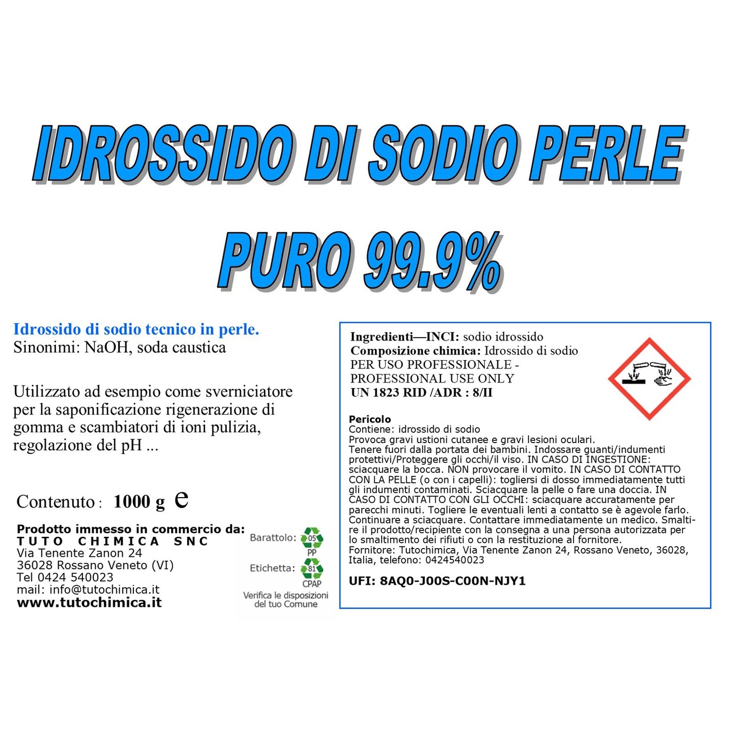 Idrossido di sodio perle puro 99.9% 1Kg