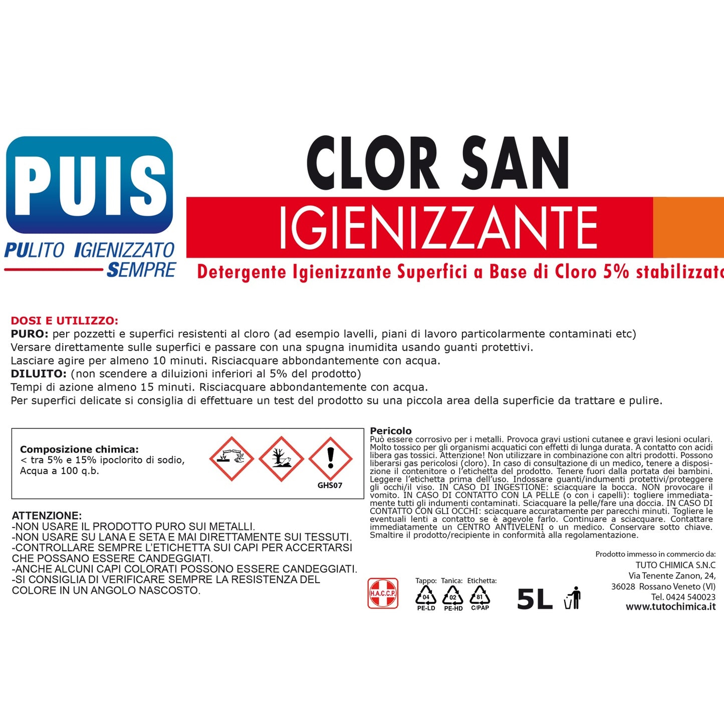 Clor San Igienizzante Superfici a Base di Cloro 5%, 5L