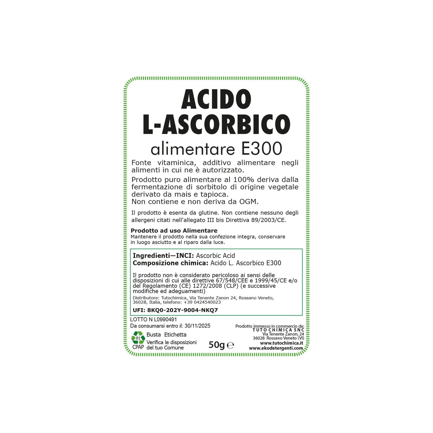 Acido L-Ascorbico E300 Alimentare 50g - Polvere Pura 100%