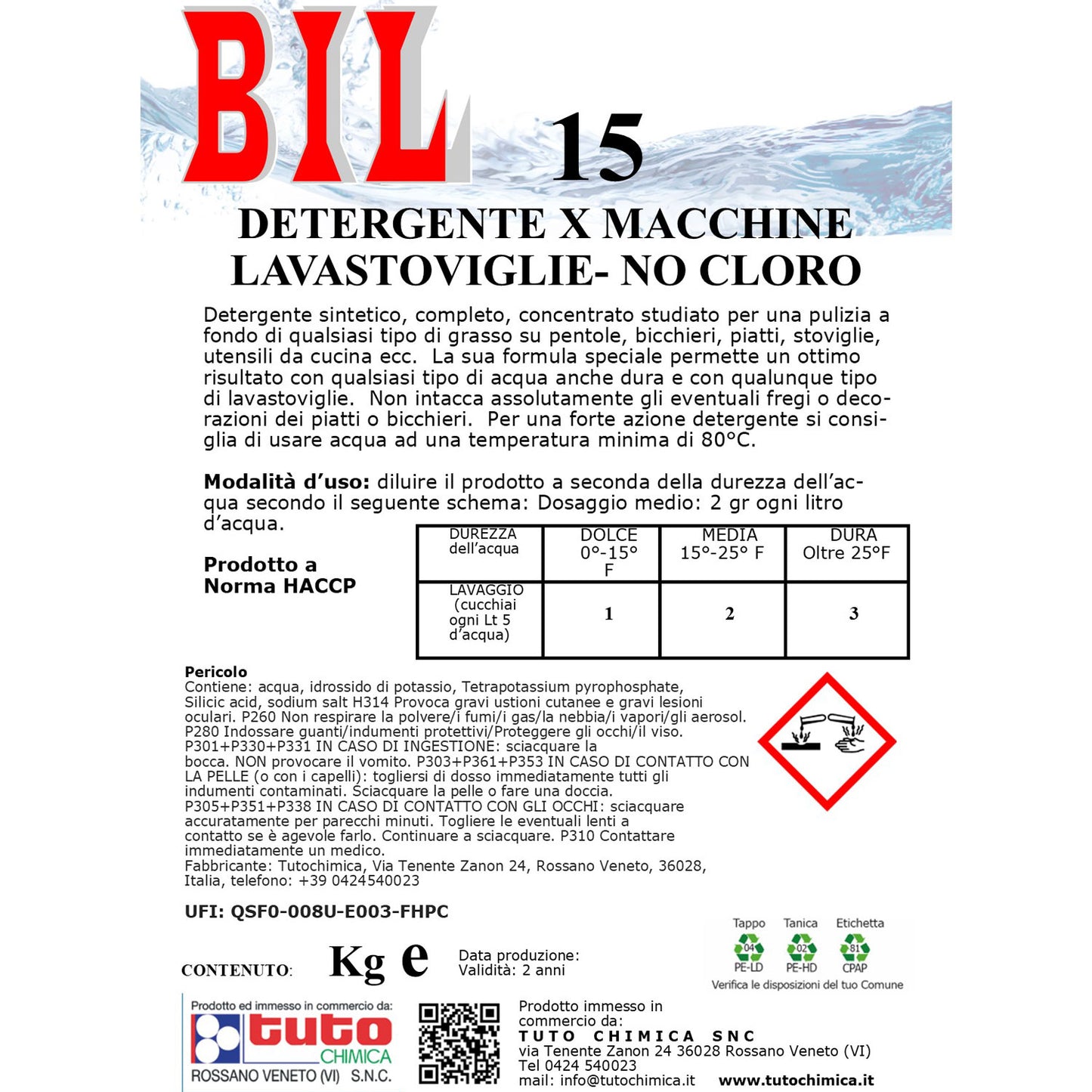 Bil 15 detersivo liquido lavastoviglie senza cloro 6Kg
