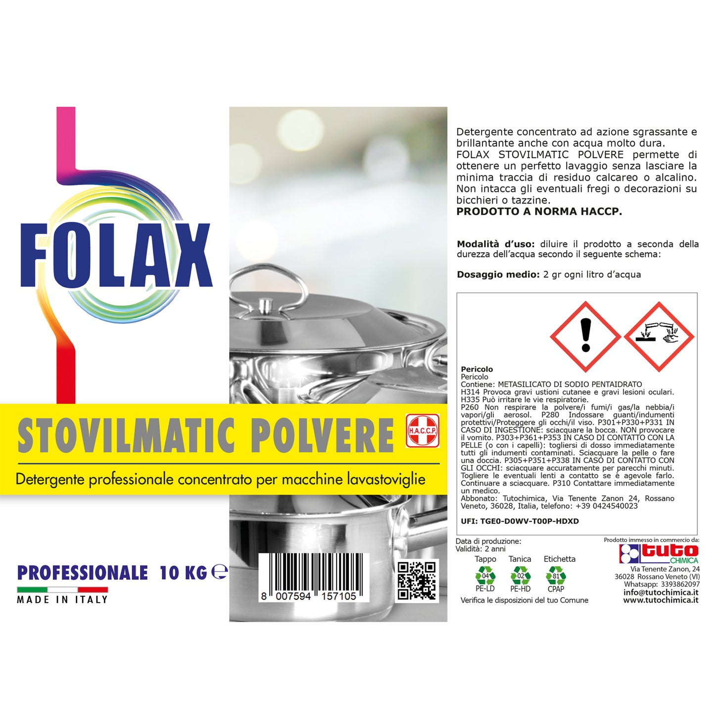 Folax stovilmatic polvere detergente professionale lavastoviglie pentolame 10kg