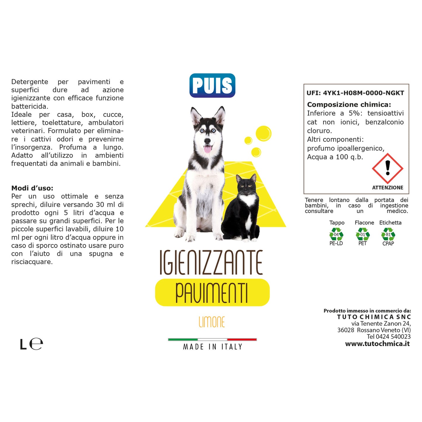 Puis Detergente Igienizzante Pavimenti - Per Animali Domestici, Elimina i Cattivi Odori - Profumo Limone