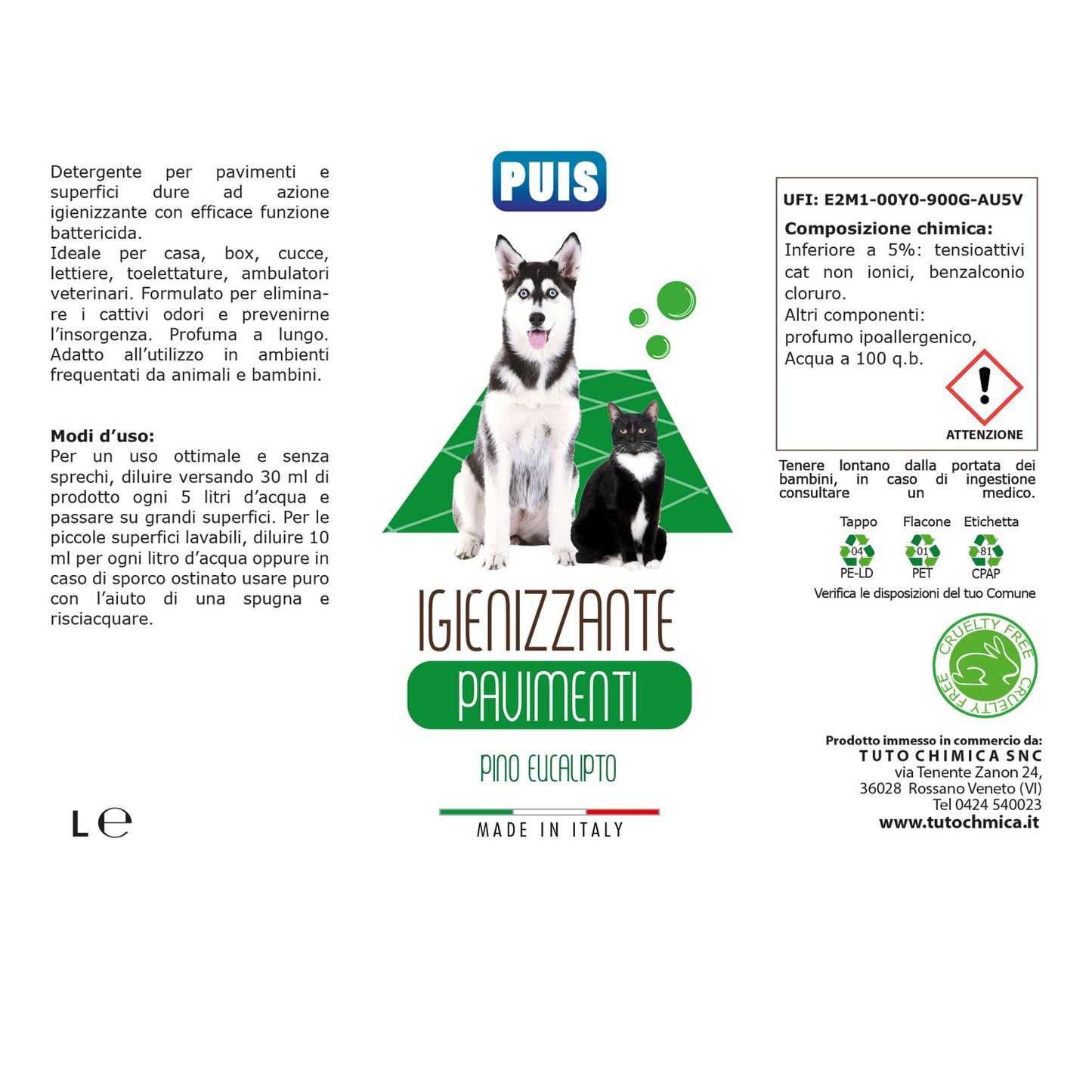 Puis Detergente Igienizzante Pavimenti - Per Animali Domestici, Elimina i Cattivi Odori - Profumo Eucalipto Pino