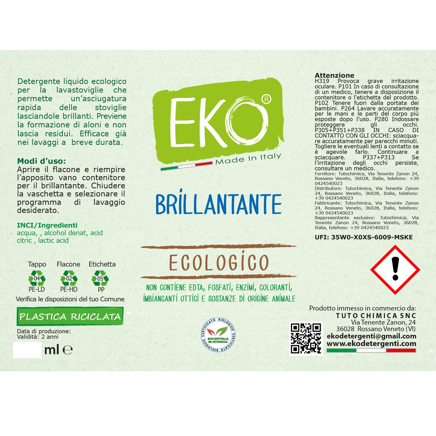 Eko brillantante lavastoviglie ecologico