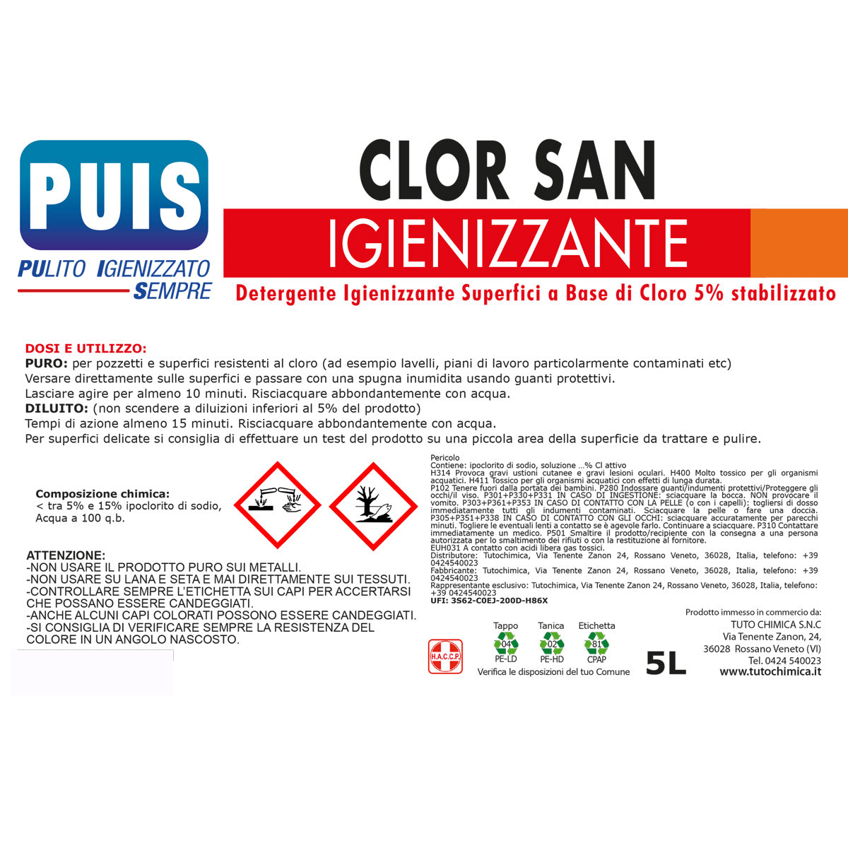 Clor San Igienizzante Superfici a Base di Cloro 5%, 5L
