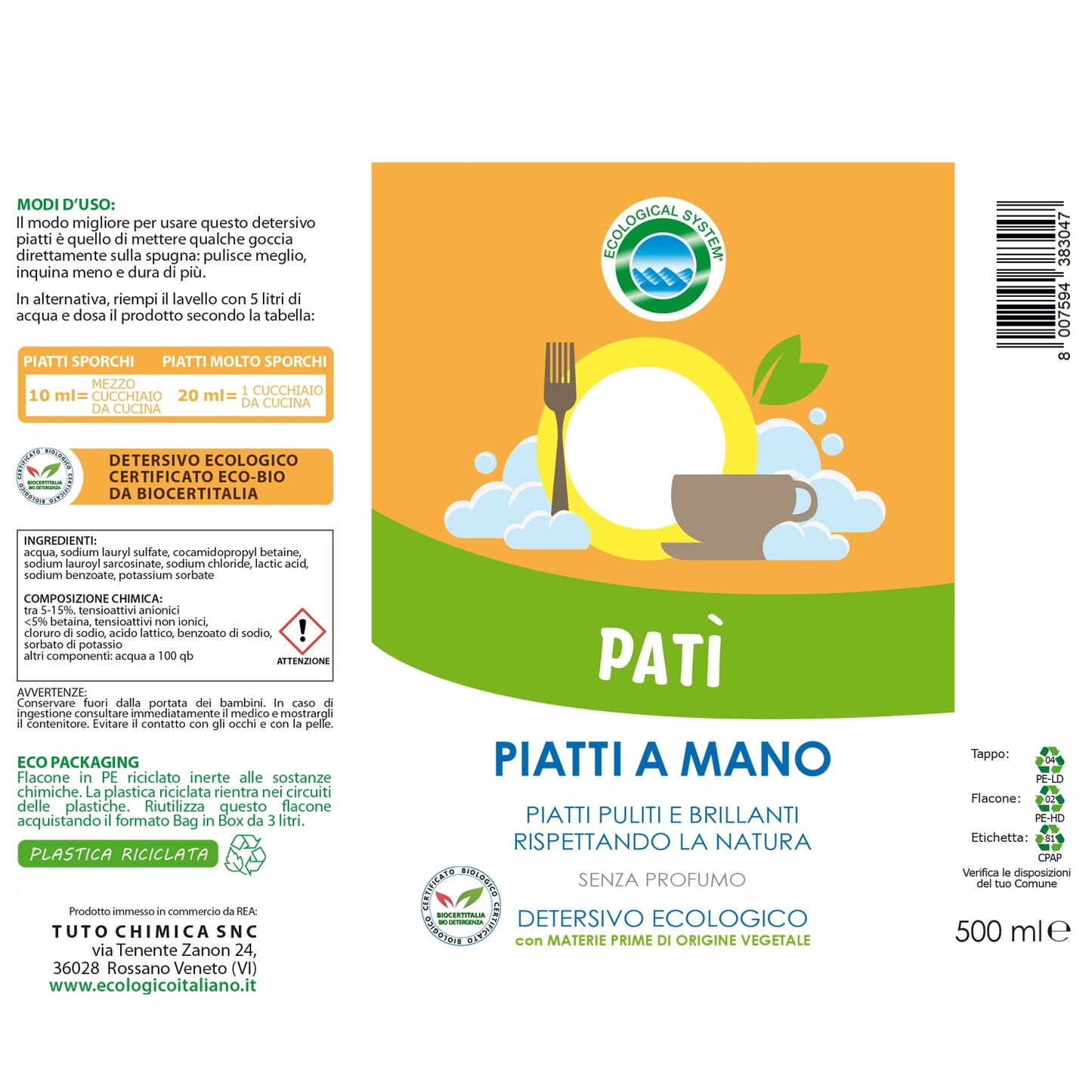 Patì piatti a mano detersivo ecologico
