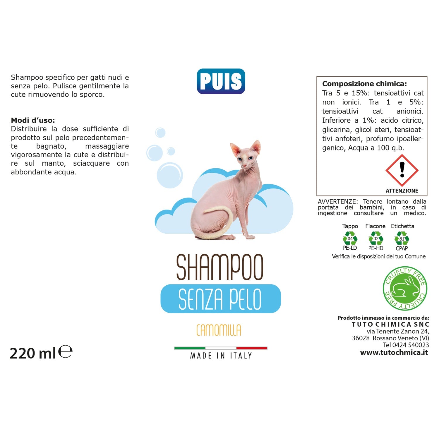 Puis Shampoo Gatto Senza Pelo Camomilla Ipoallergenico - 220ml