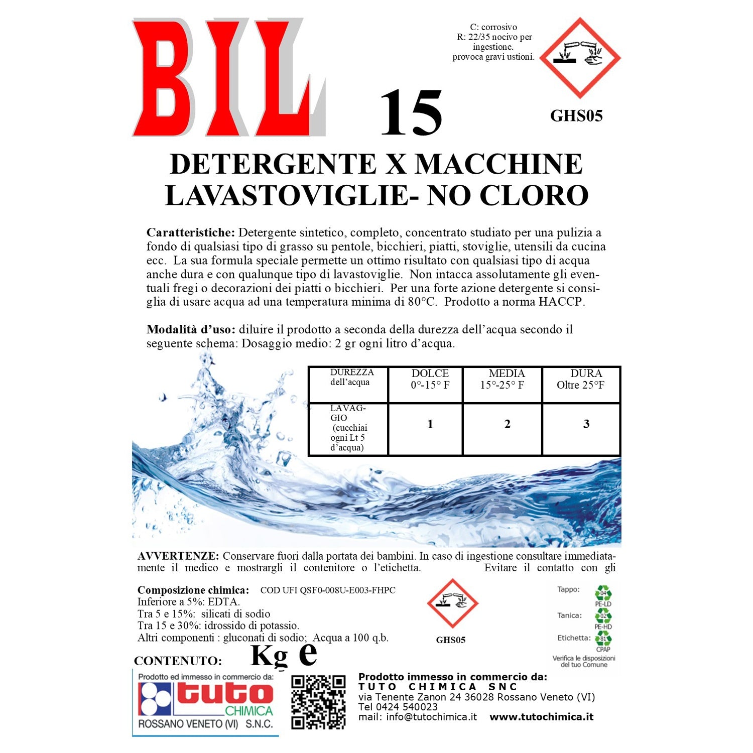 Bil 15 detersivo liquido lavastoviglie senza cloro 6Kg