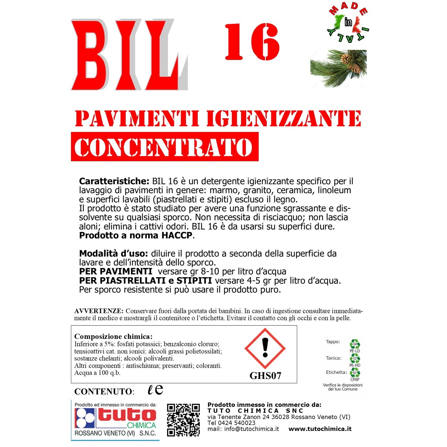 Bil 16 detergente igienizzante pavimenti con sali quaternari 5Kg