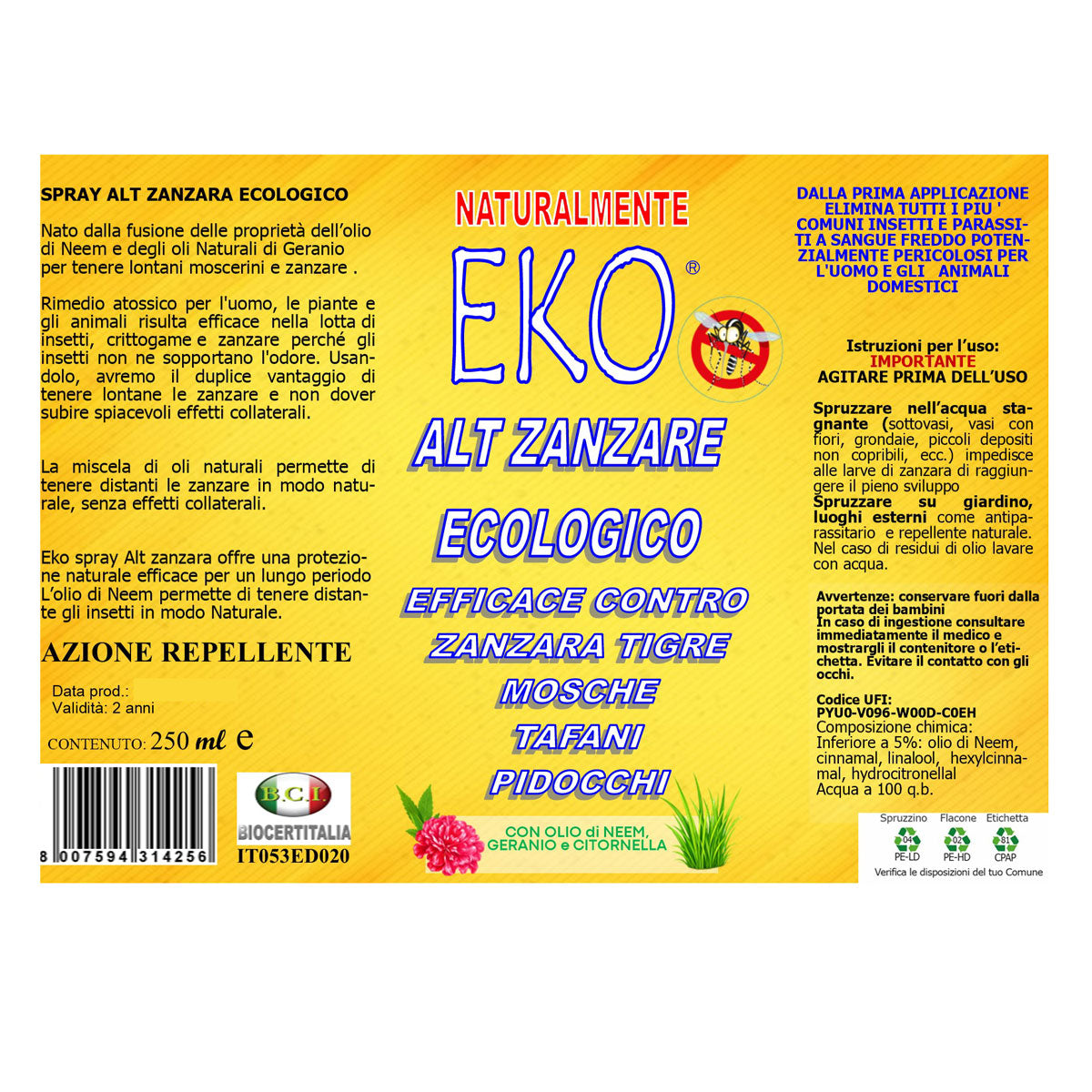 Repellente zanzare ecologico eko alt